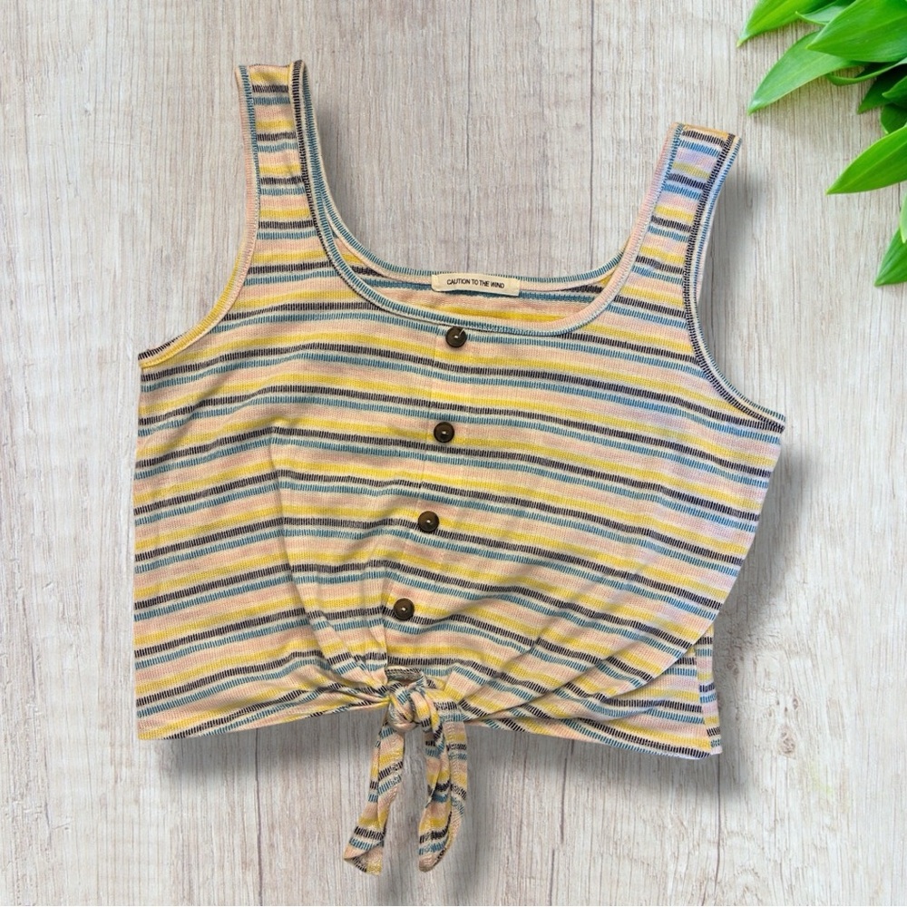 Caution to the Wind Multicolor Striped Crop Tank Top with Buttons and Tied Knot